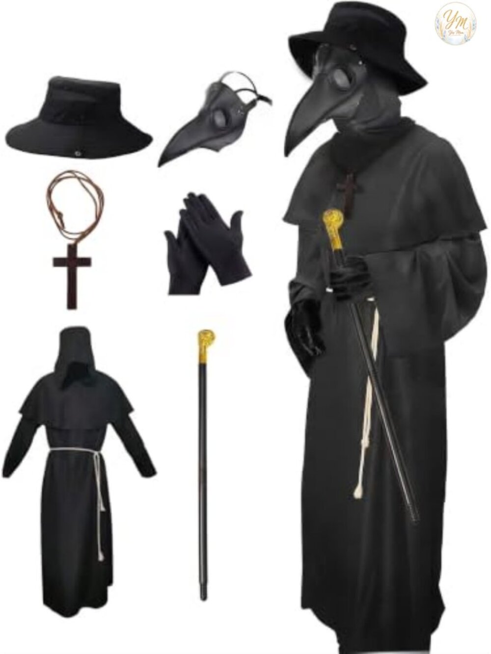 Plague Doctor Costume 6-in-1 Set Leather Mask Robe Halloween Party Men